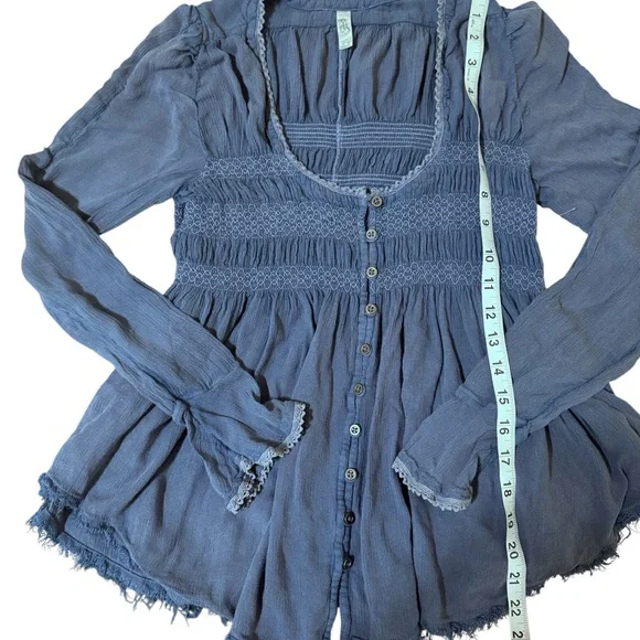 Free People Indigo Smocked Button-Front Peasant Blouse - Picture 3 of 7